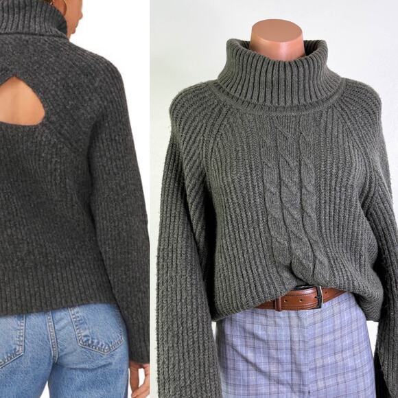 1 State Cable Knit Back Cutout Turtleneck Pullover Sweater Gray Green sz XL NWT - Picture 1 of 11